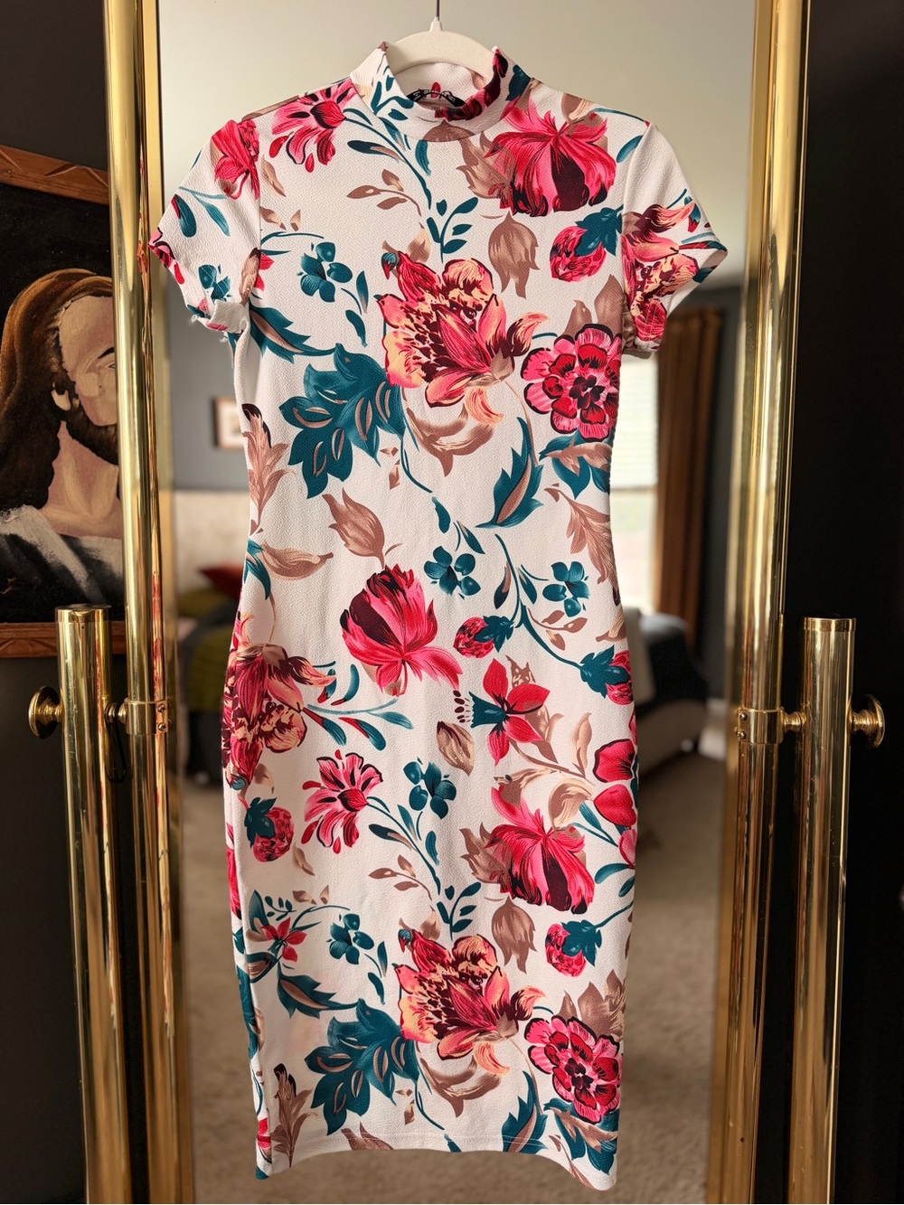 SHEIN White Midi Dress with Pink & Teal Floral Print